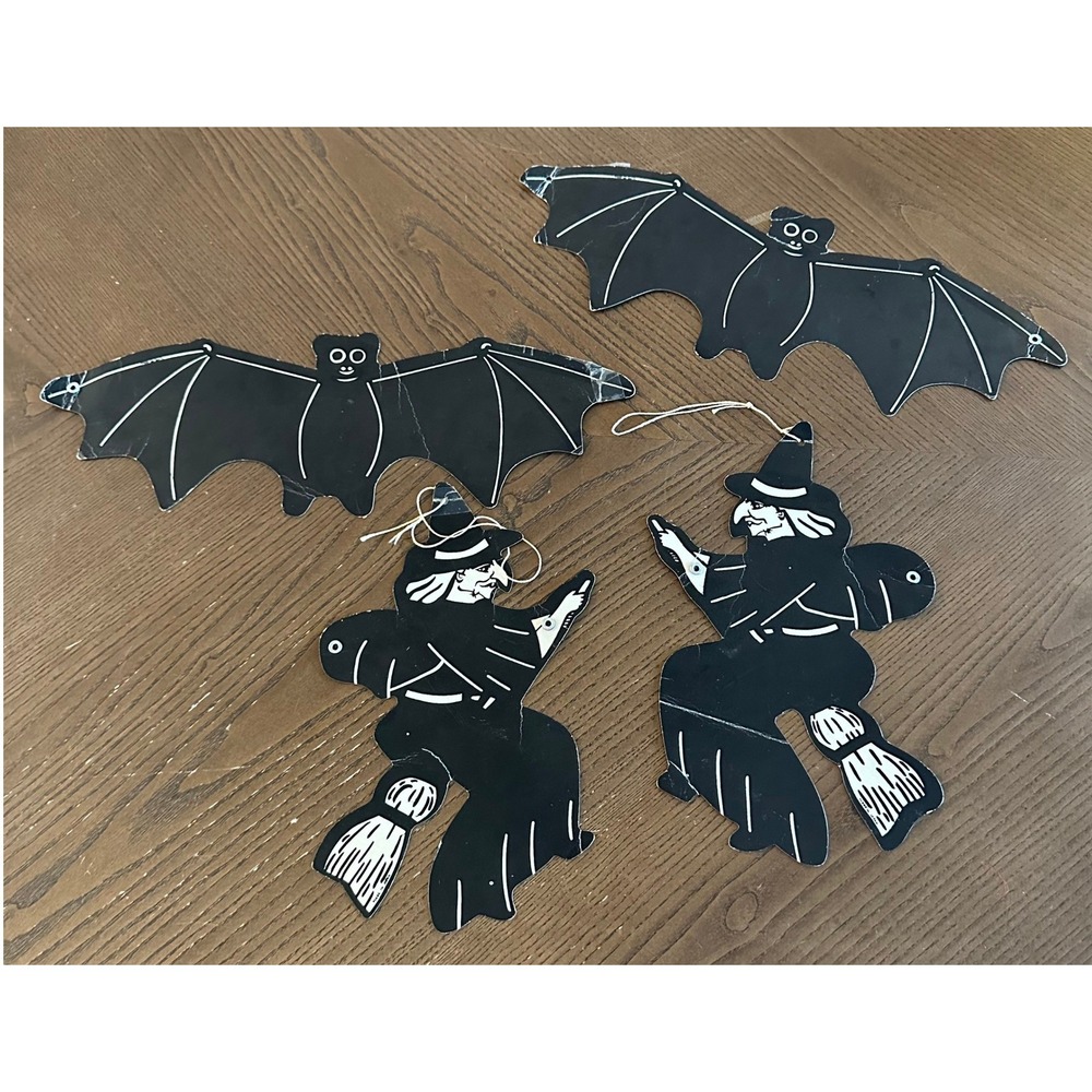 Vtg Japan Halloween Die Cut Decorations Set of 4 Black White Bats Witches Paper